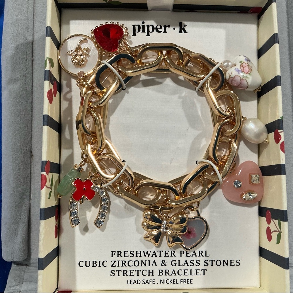 PIPER K Freshwater Pearl, Cubic Zirconia & Glass Stones Stretch Bracelet